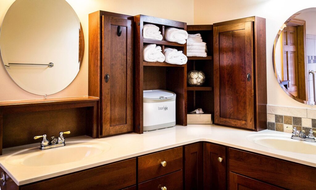 bathroom, sinks, mirrors, medicine cabinet, towel warmer, cabinets, shelves, storage, towels, soap, faucet, brown bathroom, brown medicine, brown mirror, brown soap, bathroom, bathroom, bathroom, bathroom, bathroom, cabinets