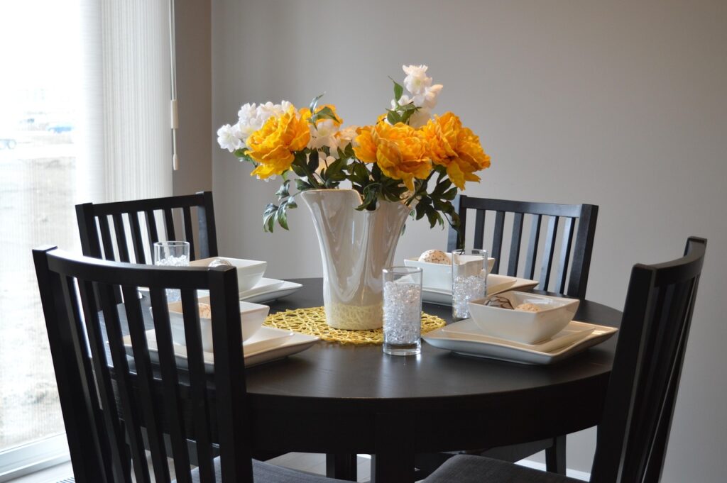 dining table, dining room, furniture, chairs, seating, house, home, interior, nature, design, residential, flower background, residence, apartment, flowers, centerpiece, beautiful flowers, vase, gray home, gray house, gray room, gray table, flower wallpaper, gray design, gray interior