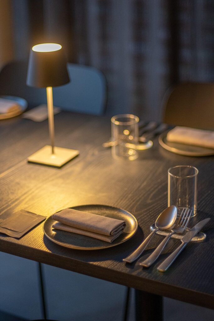 dining table, chair, dining, restaurant, spoon, light, glass
